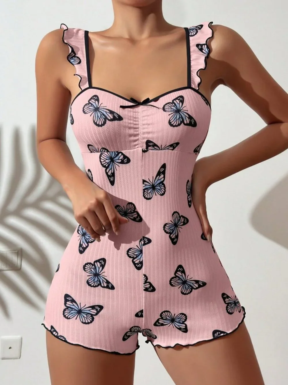 Pink Women's Butterfly Print Pajamas Romper